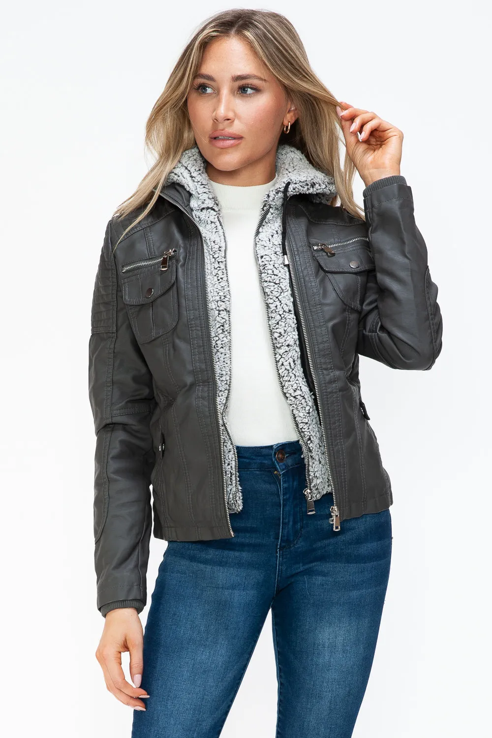 Women's YMI Faux Layered Jacket with Fuzzy Hood and Multiple Pockets for Style and Warmth