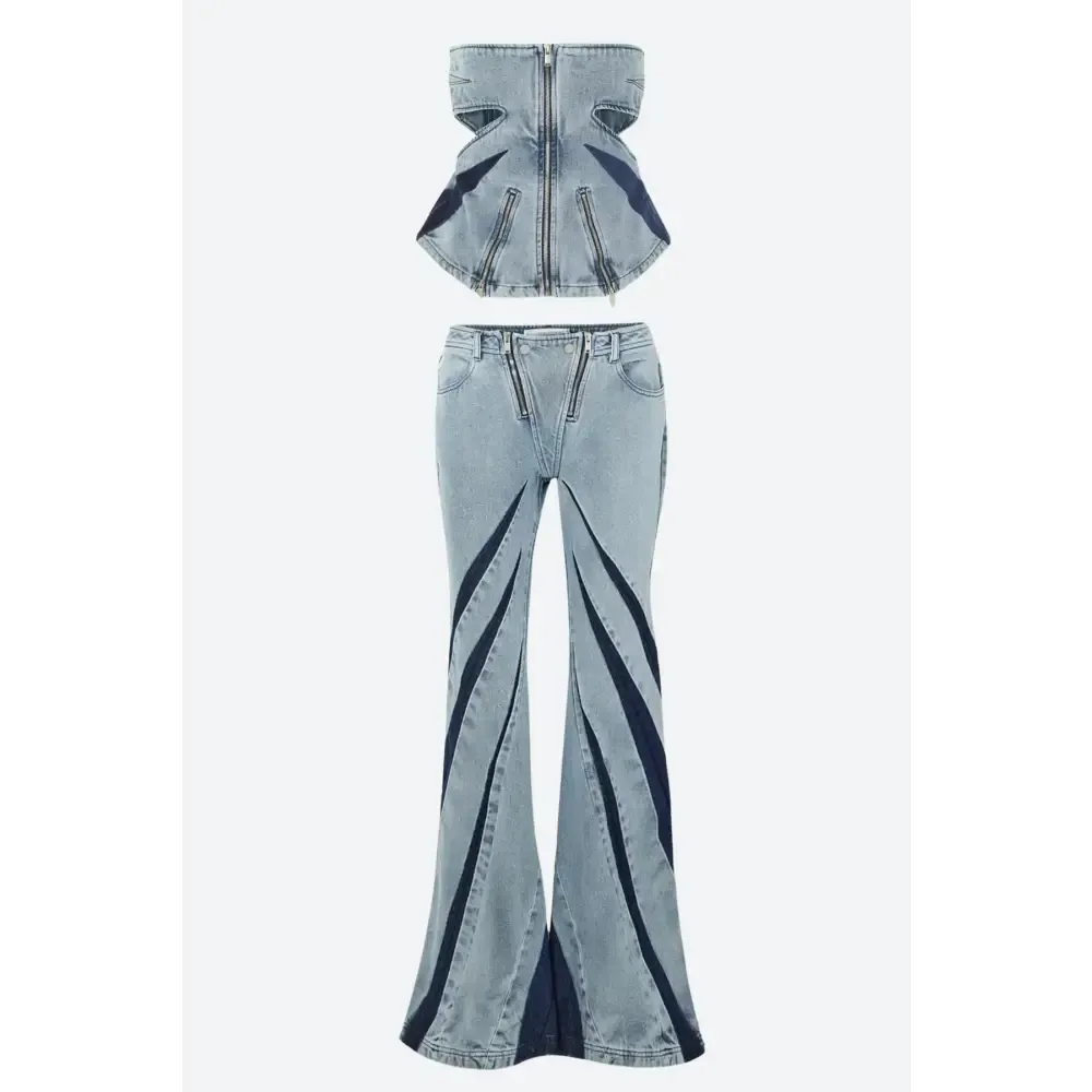 Y2K Denim Jeans Two-Piece Set with Cut-Out Details and Stylish Patches