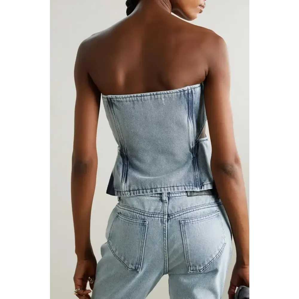 Y2K Denim Jeans Two-Piece Set with Cut-Out Details and Stylish Patches
